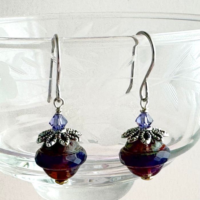 Czech Glass Purple Saturn Earrings in Sterling Silver