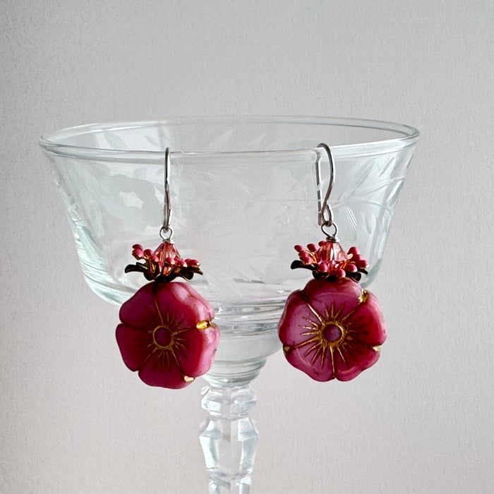 Large Pink Czech Glass Hibiscus Flower Earrings