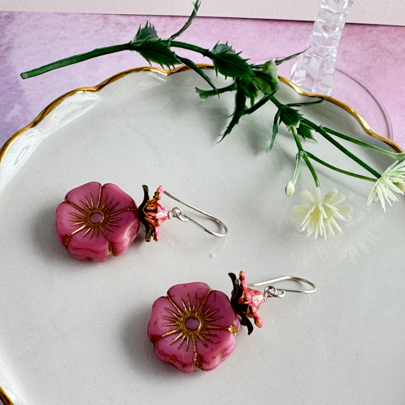 Large Pink Czech Glass Hibiscus Flower Earrings