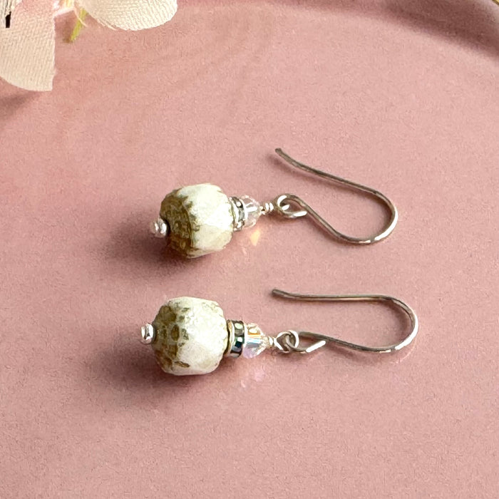 Czech Glass White Cathedral Earrings in Sterling Silver