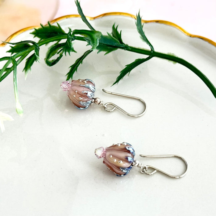 Light Pink Rosebud Handmade Lampwork Earrings in Sterling Silver