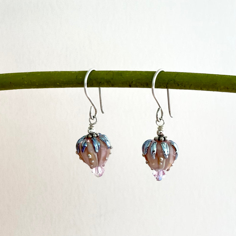 Light Pink Rosebud Handmade Lampwork Earrings in Sterling Silver