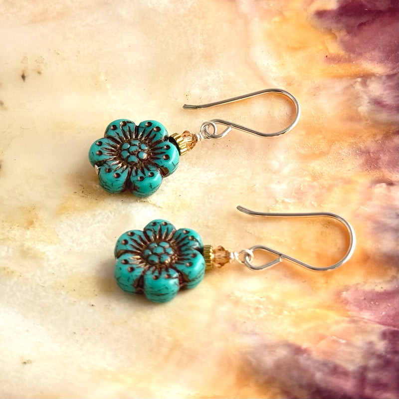 Czech Glass Turquoise Wildflower Earrings in Sterling Silver