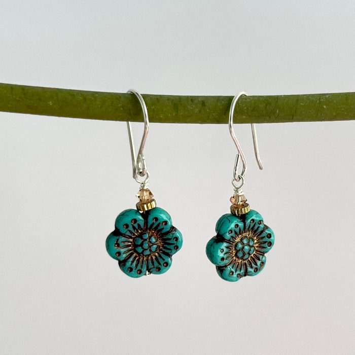 Czech Glass Turquoise Wildflower Earrings in Sterling Silver