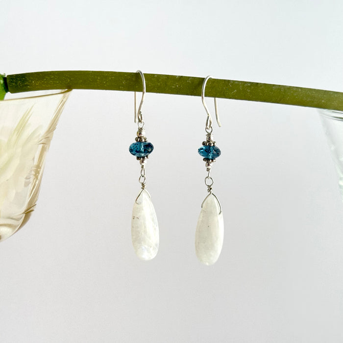 Moonstone and London Blue Topaz Drop Earrings in Sterling Silver