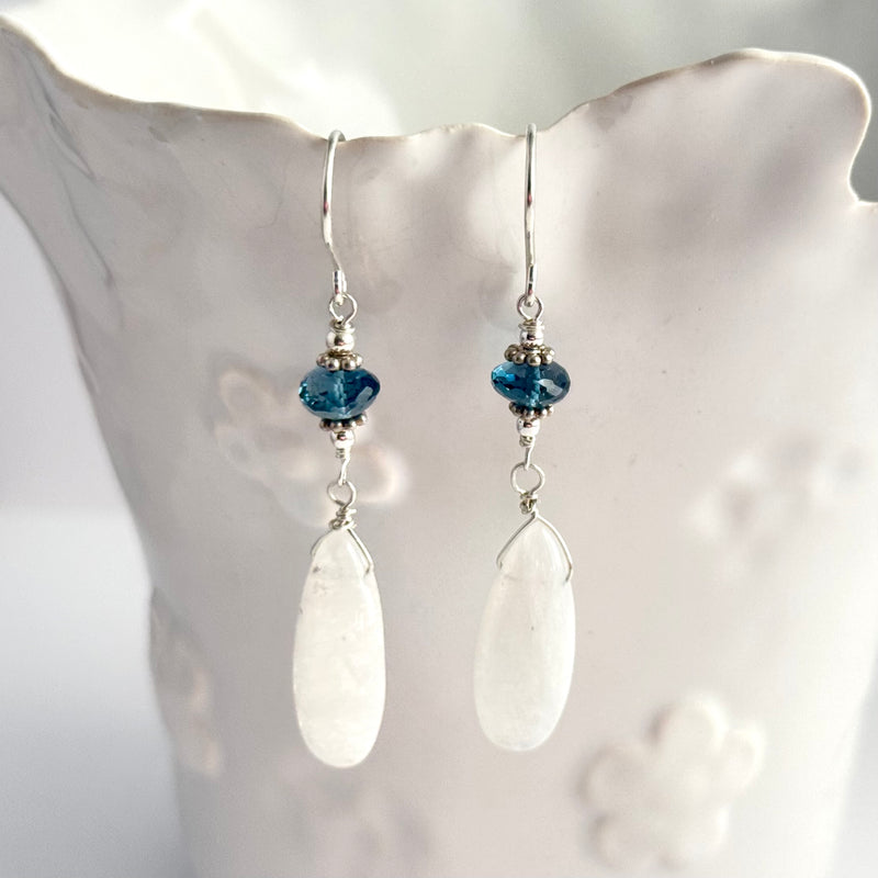 Moonstone and London Blue Topaz Drop Earrings in Sterling Silver