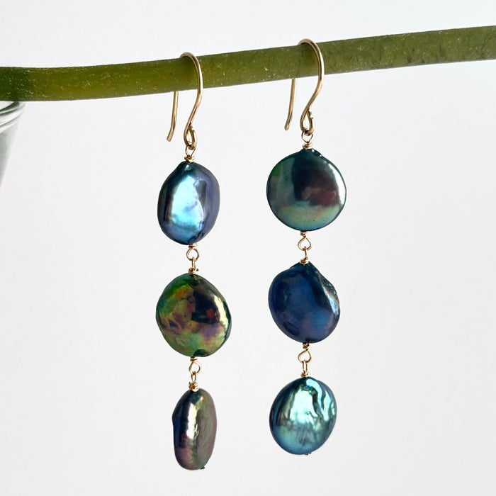 Green Freshwater Coin Pearl Dangle Earrings
