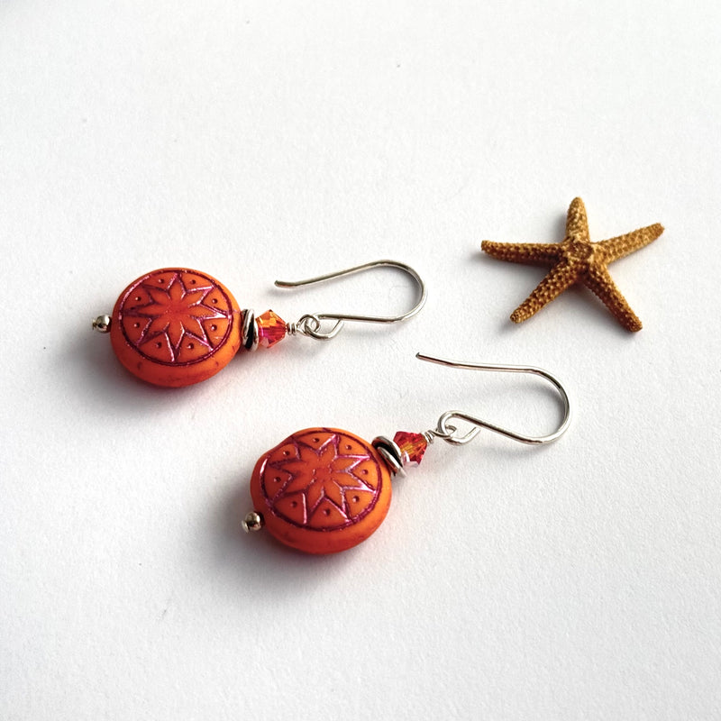 Czech Glass Orange Ishtar Coin Bead Earrings in Sterling Silver