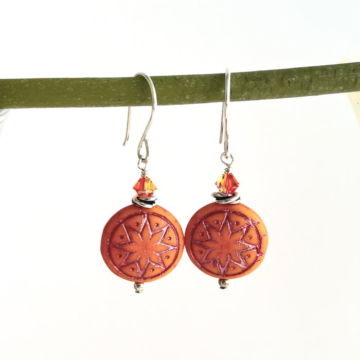 Czech Glass Orange Ishtar Coin Bead Earrings in Sterling Silver