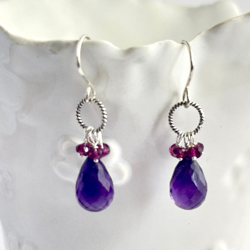 Amethyst and Garnet Earrings in Sterling Silver