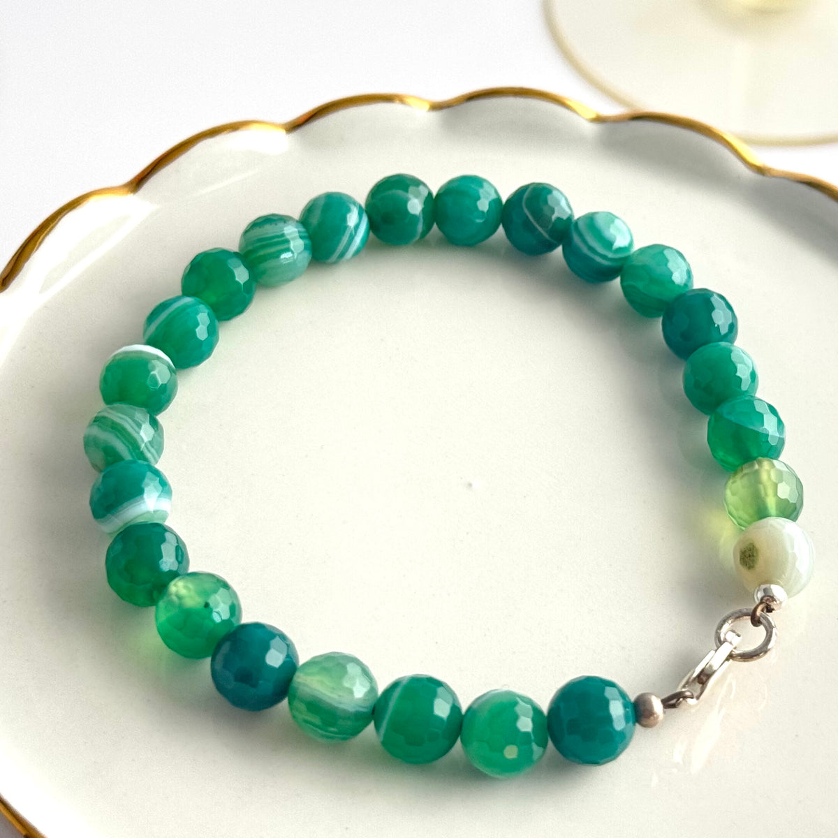 Green Banded Agate Bracelet in Sterling Silver