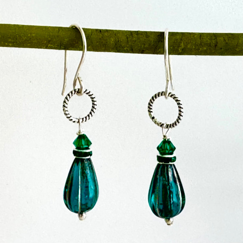 Czech Glass Teal Drop Earrings in Sterling Silver