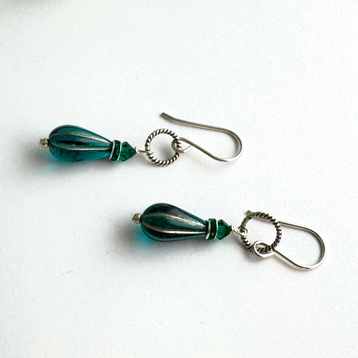 Czech Glass Teal Drop Earrings in Sterling Silver