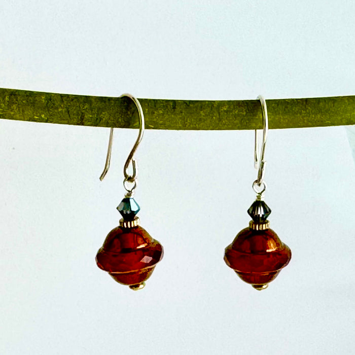 Czech Glass Rust and Copper Saturn Earrings in Sterling Silver