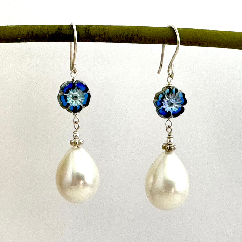 Large "Pearl" Shell Teardrop and Czech Glass Earrings in Sterling Silver