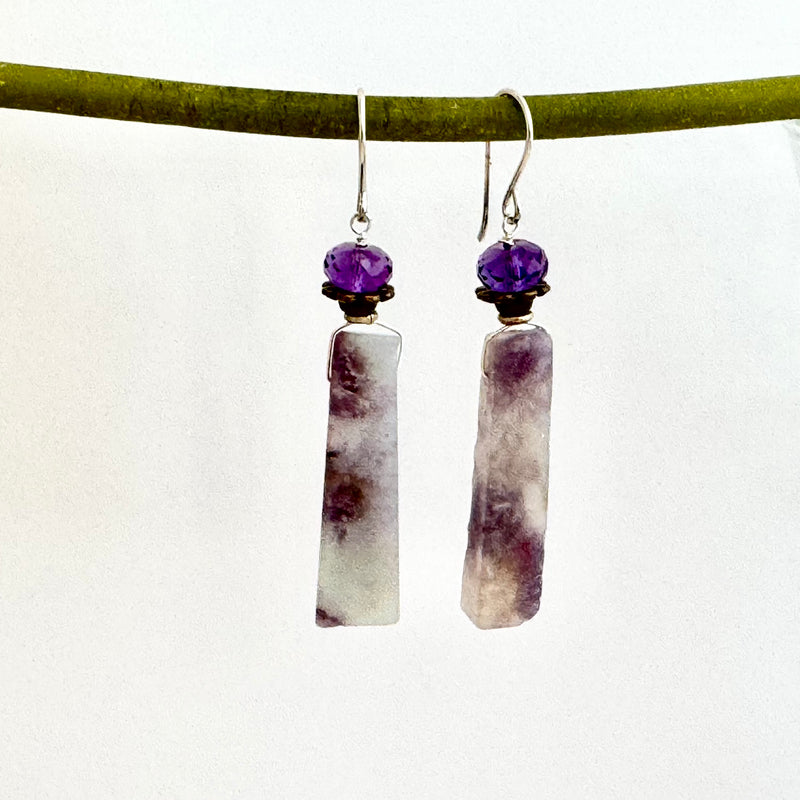 Rectangle Lepidolite and Amethyst Earrings in Sterling Silver