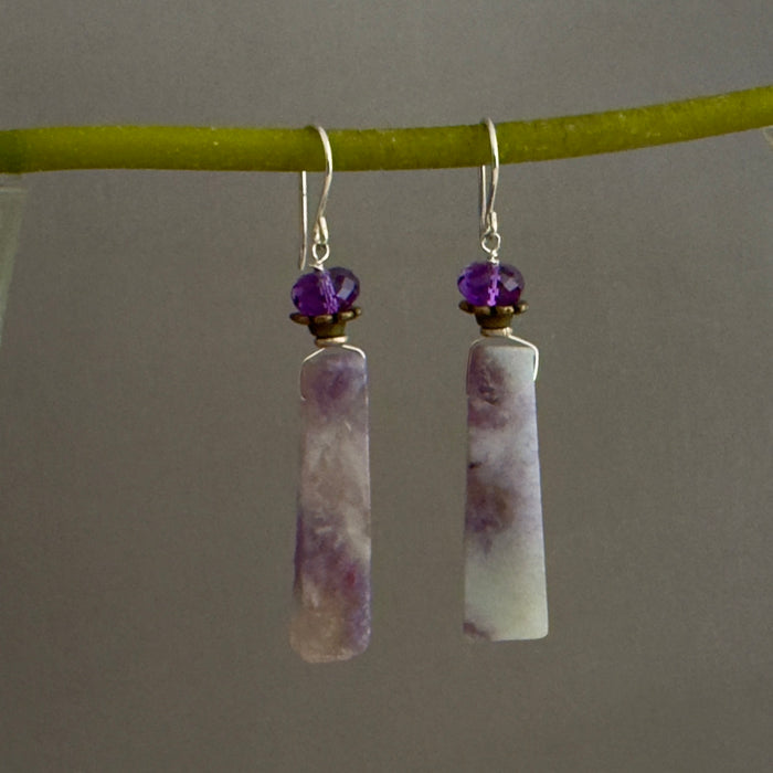 Rectangle Lepidolite and Amethyst Earrings in Sterling Silver