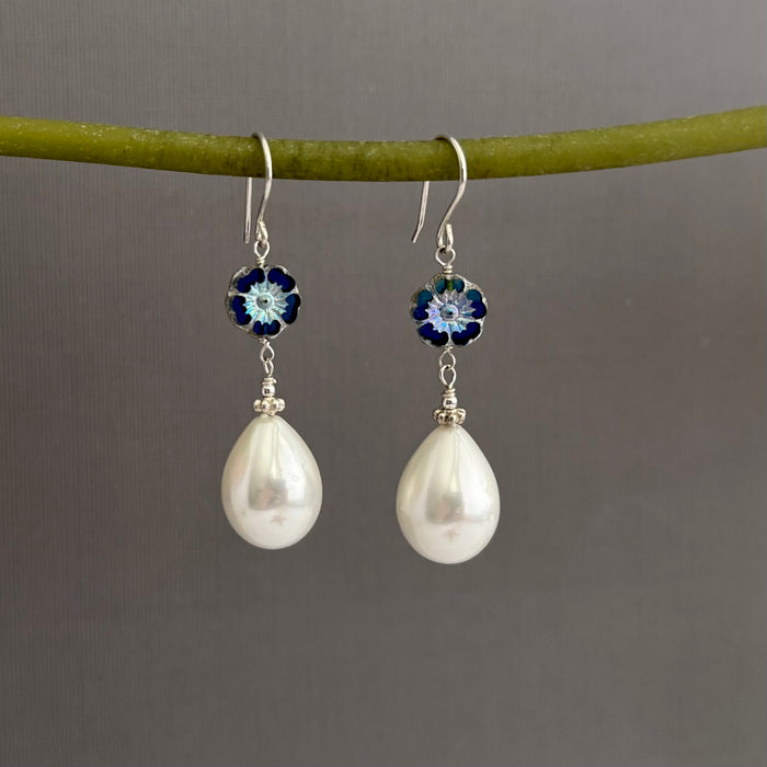 Large "Pearl" Shell Teardrop and Czech Glass Earrings in Sterling Silver