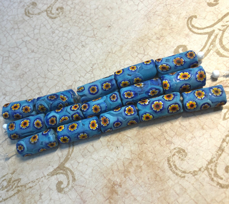 Millefiori Tube Beads, Blue and Yellow, 18MM x 8MM