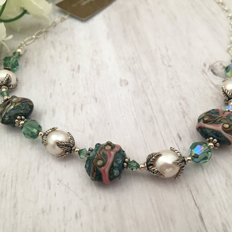 Green Lampwork Glass and Freshwater Pearl Necklace in Sterling Silver