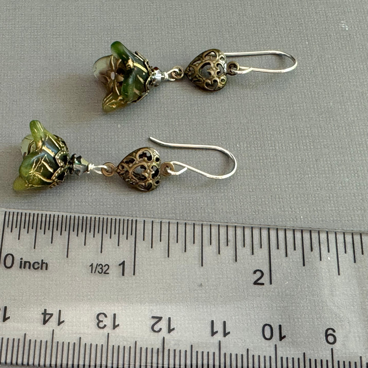 Victorian Dark Green Czech Glass Drops with Brass Heart Filigree Components in Sterling Silver