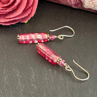 Murano  Glass Long Silver Foil and Pink Glass Earrings in Sterling Silver