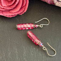 Murano  Glass Long Silver Foil and Pink Glass Earrings in Sterling Silver