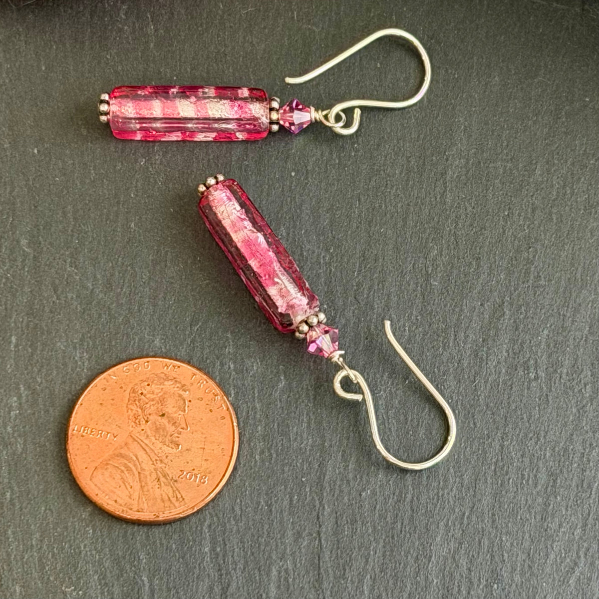 Murano  Glass Long Silver Foil and Pink Glass Earrings in Sterling Silver