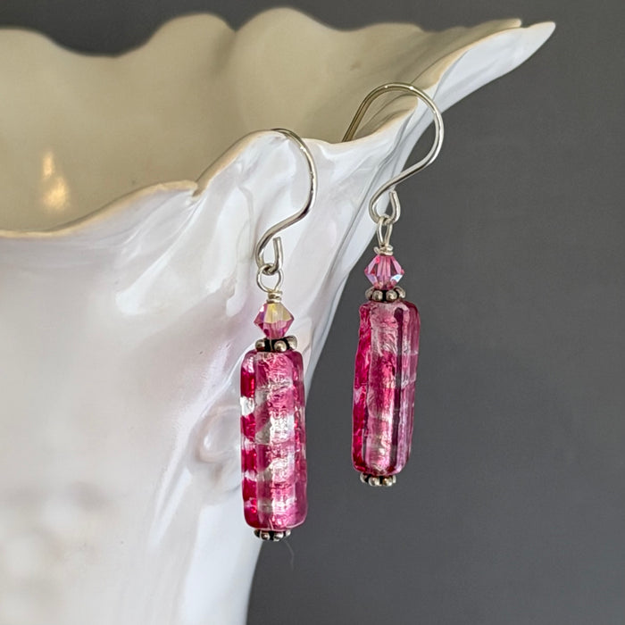Murano  Glass Long Silver Foil and Pink Glass Earrings in Sterling Silver
