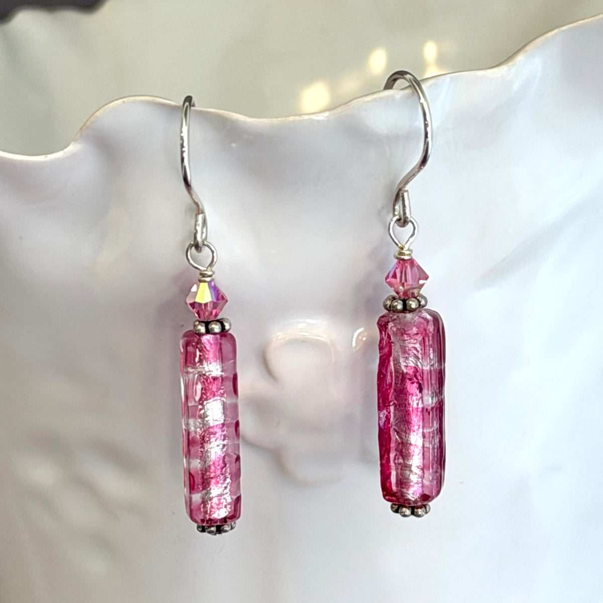 Murano  Glass Long Silver Foil and Pink Glass Earrings in Sterling Silver