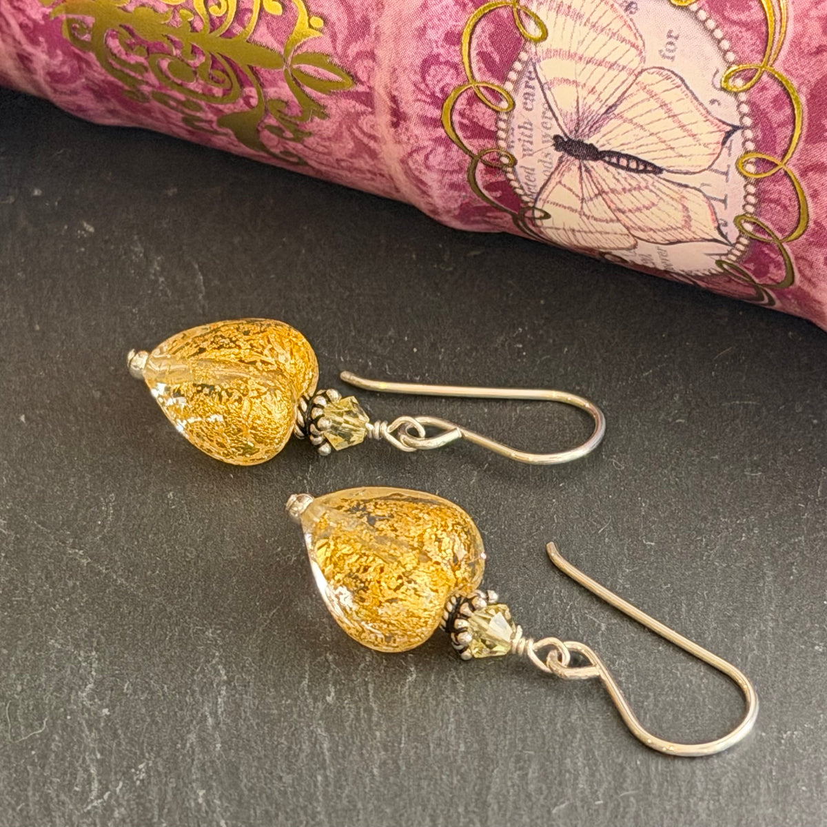 Murano Gold Foil Heart Earrings in Sterling Silver