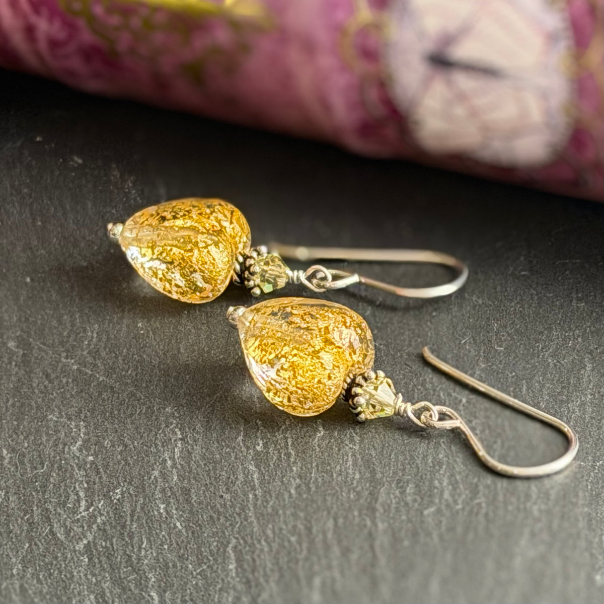 Murano Gold Foil Heart Earrings in Sterling Silver