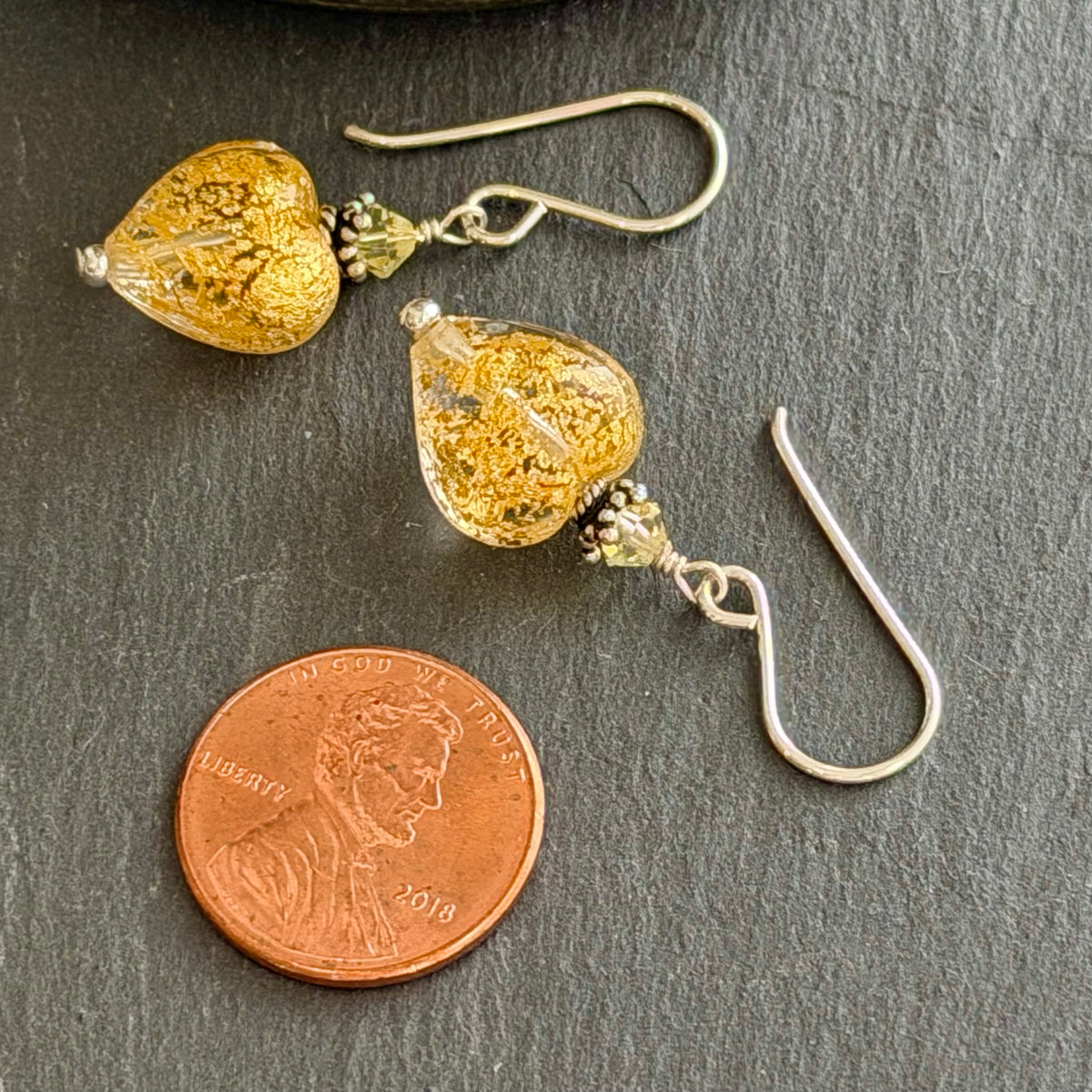 Murano Gold Foil Heart Earrings in Sterling Silver