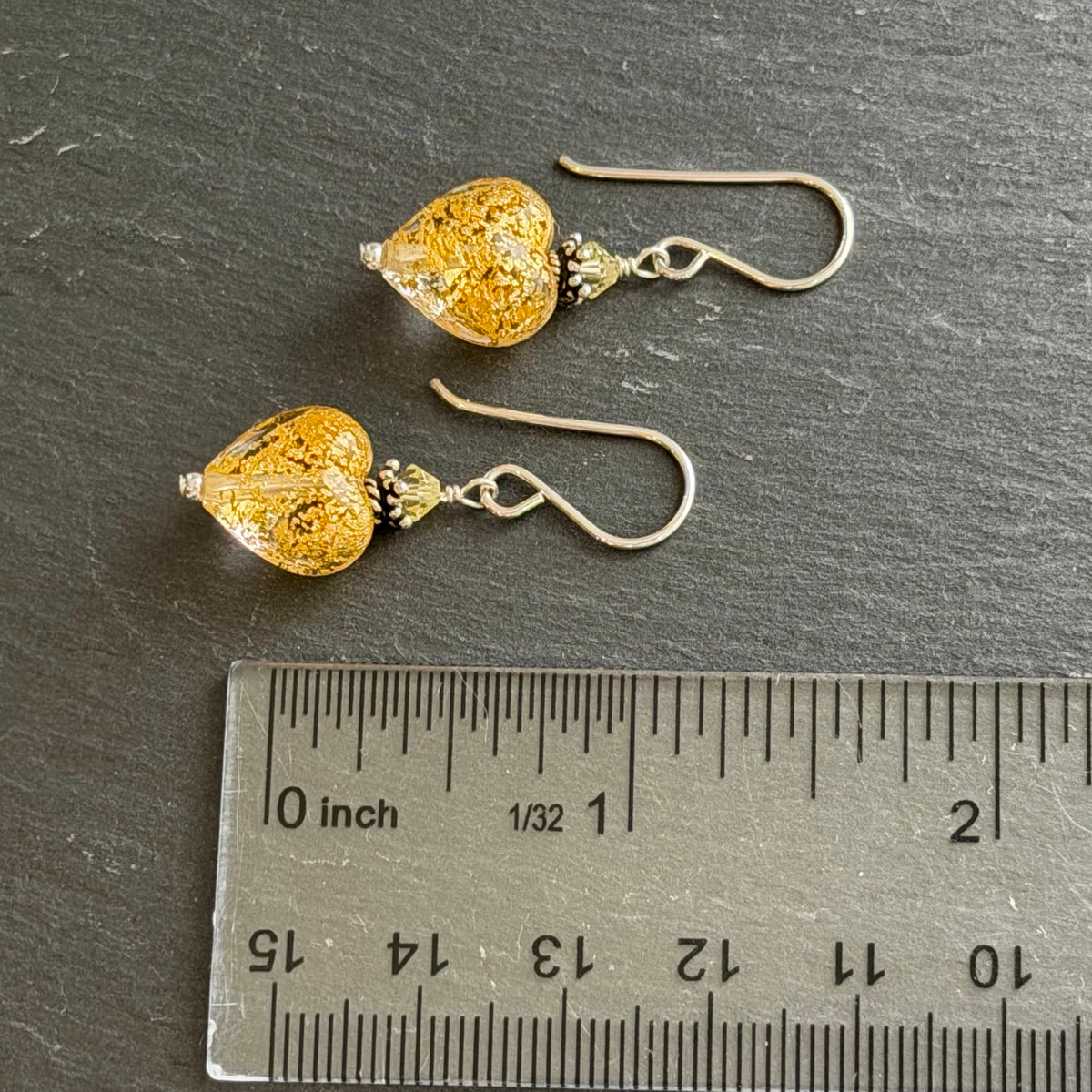 Murano Gold Foil Heart Earrings in Sterling Silver