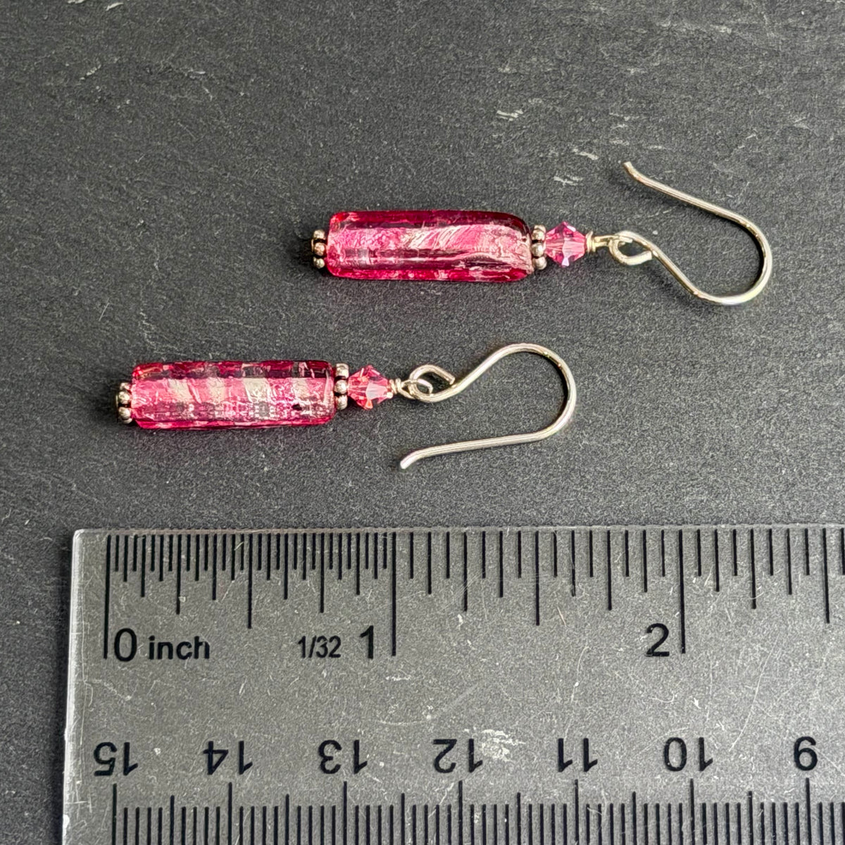 Murano  Glass Long Silver Foil and Pink Glass Earrings in Sterling Silver