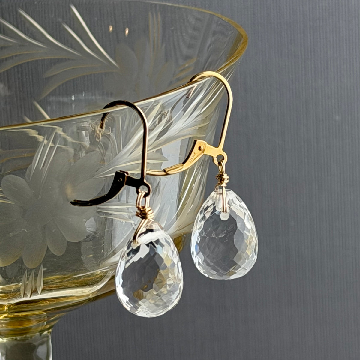 Large Crystal Quartz Briollet Earrings in Gold Fill