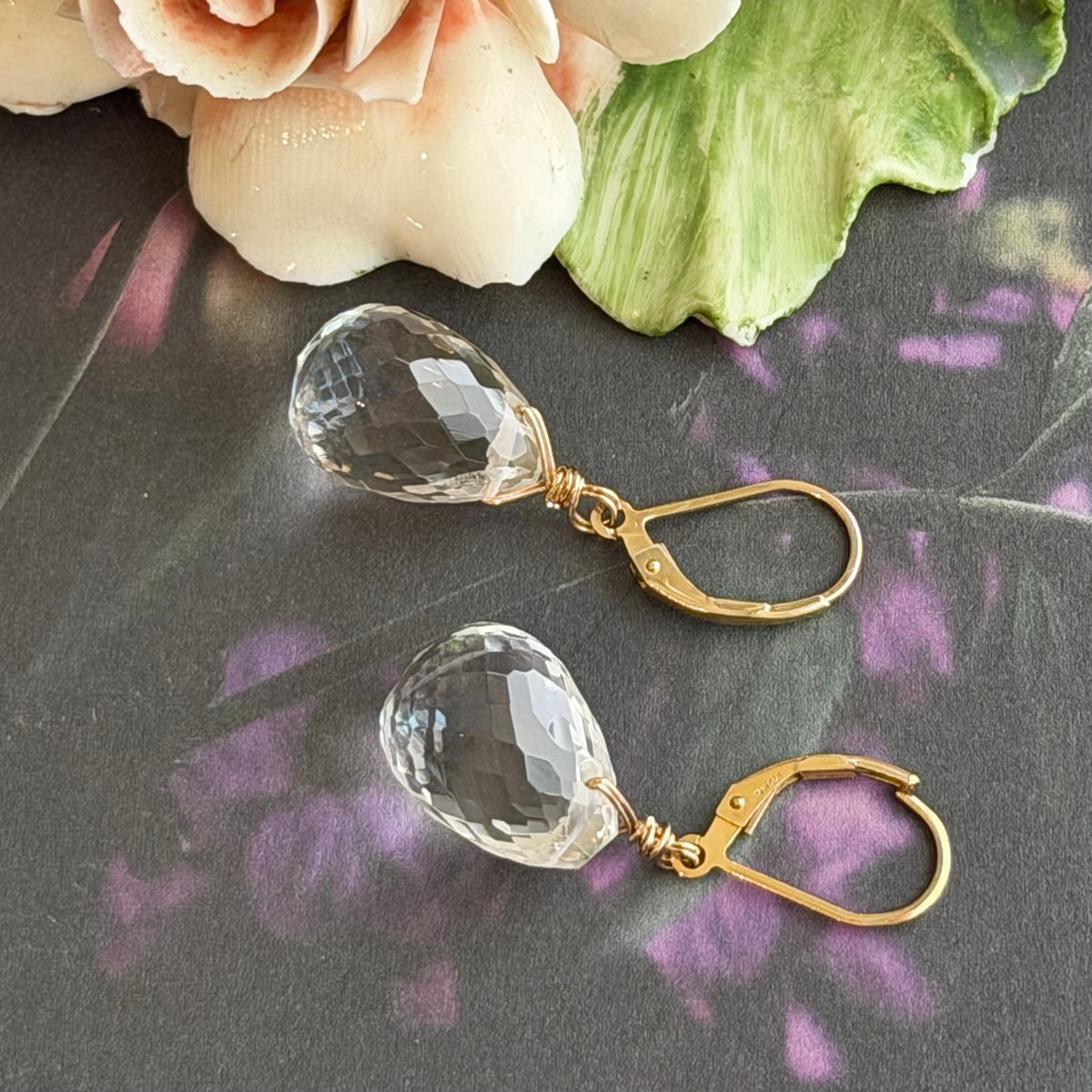 Large Crystal Quartz Briollet Earrings in Gold Fill