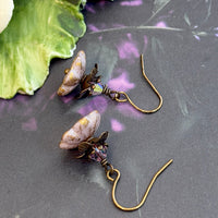 Short Light Mauve Czech Glass Flower Earrings in Brass