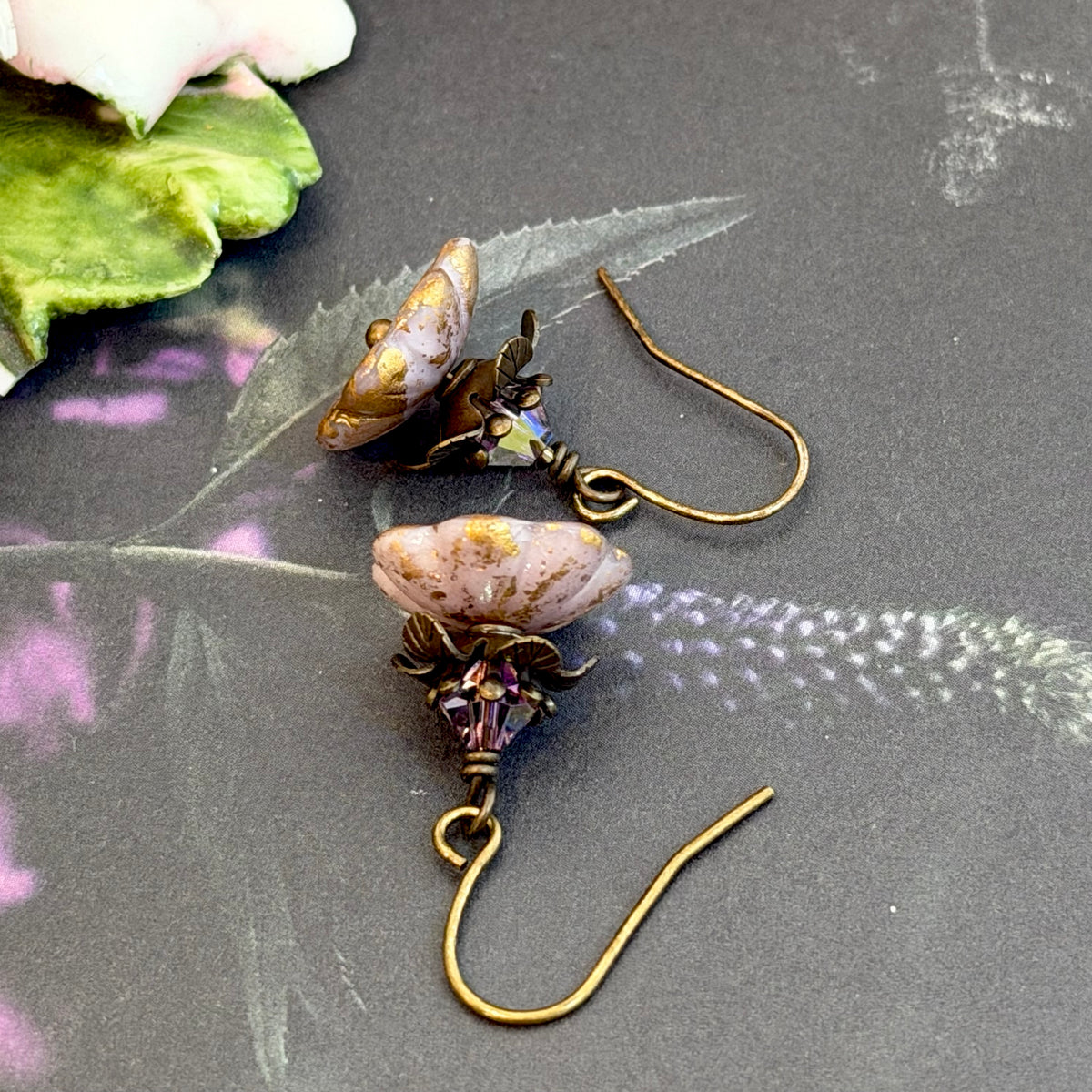 Short Light Mauve Czech Glass Flower Earrings in Brass