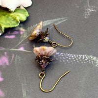 Short Light Mauve Czech Glass Flower Earrings in Brass