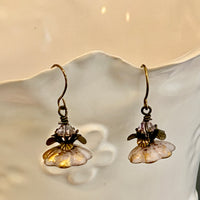 Short Light Mauve Czech Glass Flower Earrings in Brass