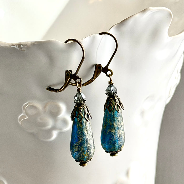 Czech Glass Blue and Gold Matte Dangle Drop Earrings in Antique Brass