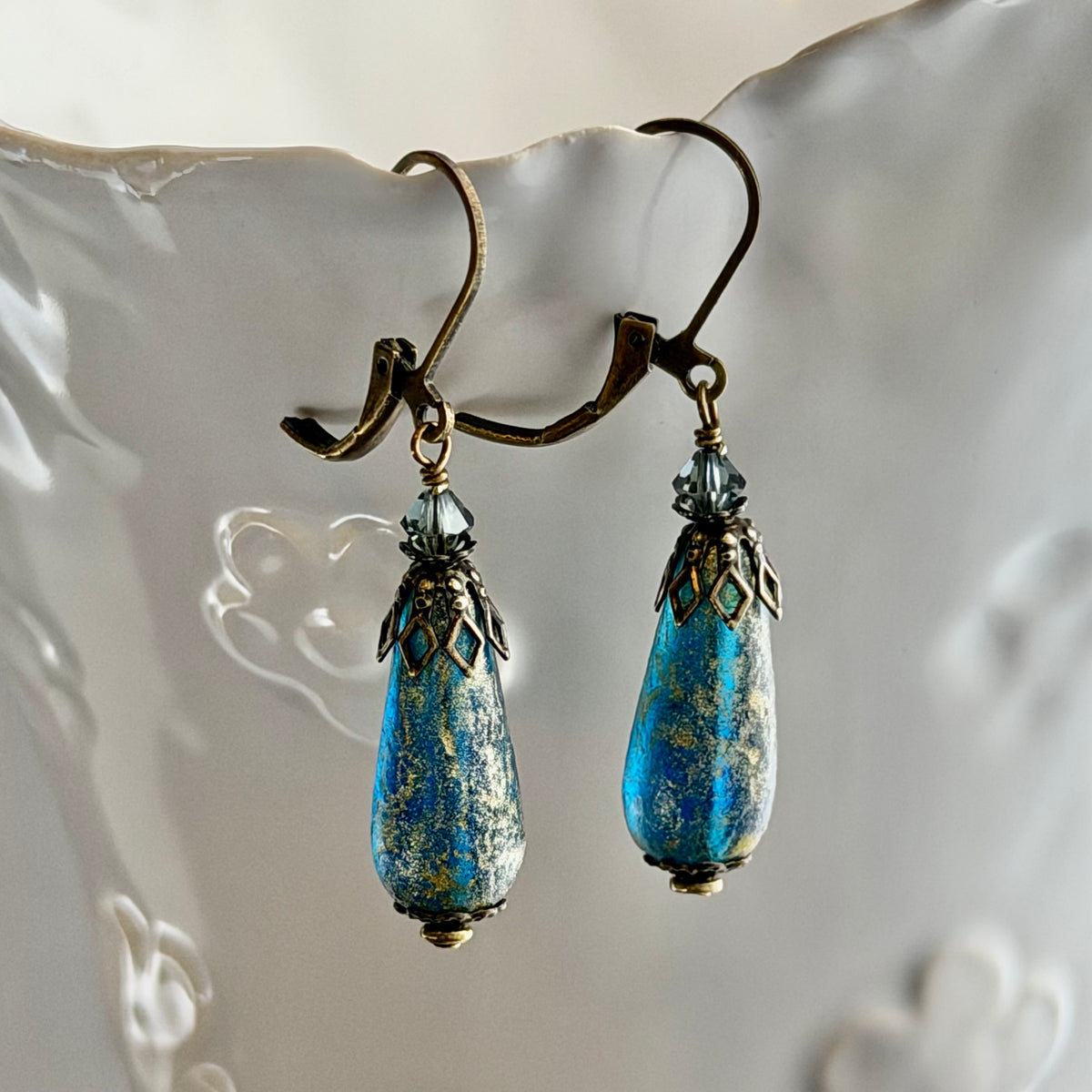 Czech Glass Blue and Gold Matte Dangle Drop Earrings in Antique Brass