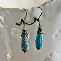 Czech Glass Blue and Gold Matte Dangle Drop Earrings in Antique Brass