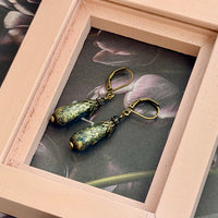 Czech Glass Blue and Gold Matte Dangle Drop Earrings in Antique Brass
