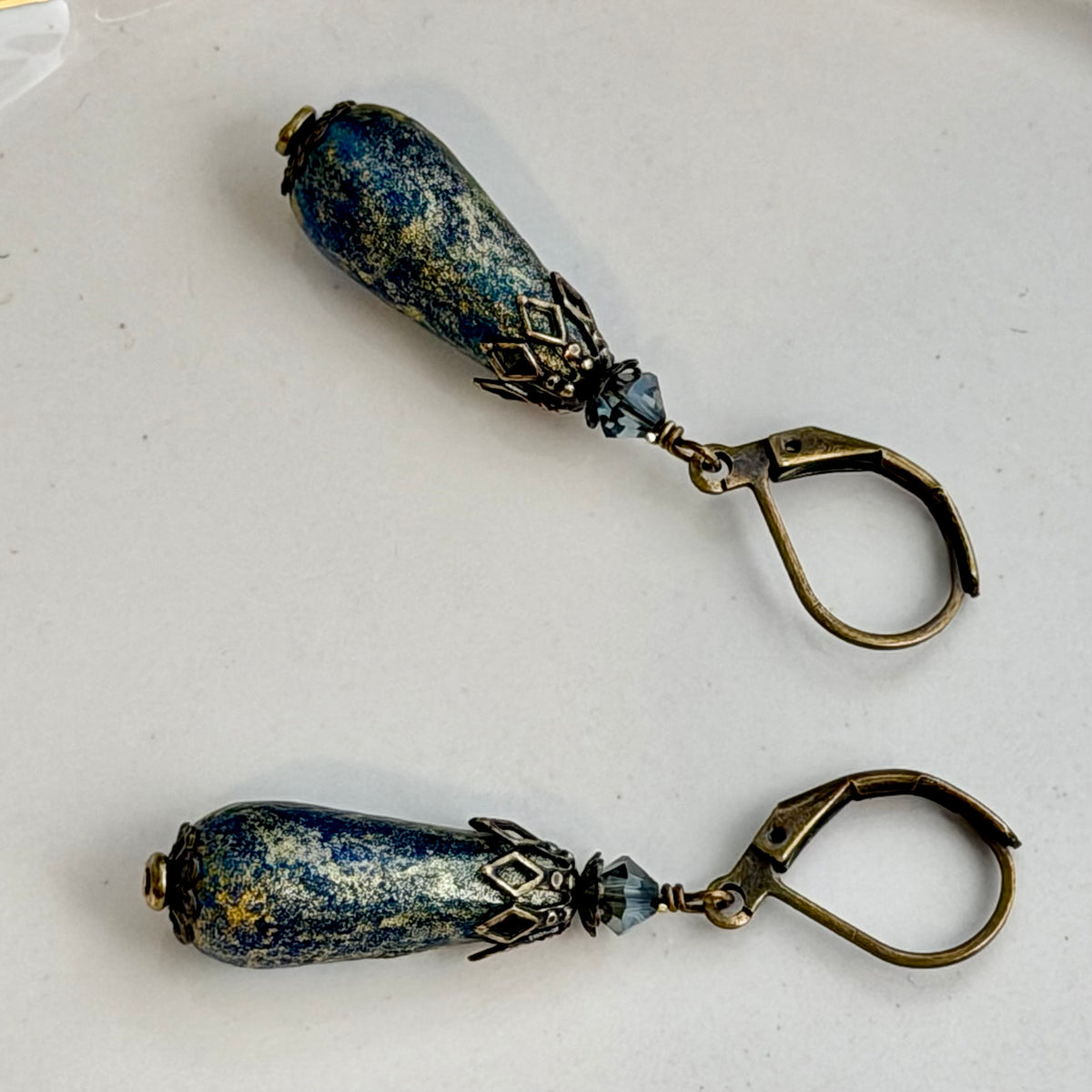 Czech Glass Blue and Gold Matte Dangle Drop Earrings in Antique Brass
