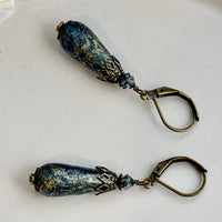 Czech Glass Blue and Gold Matte Dangle Drop Earrings in Antique Brass
