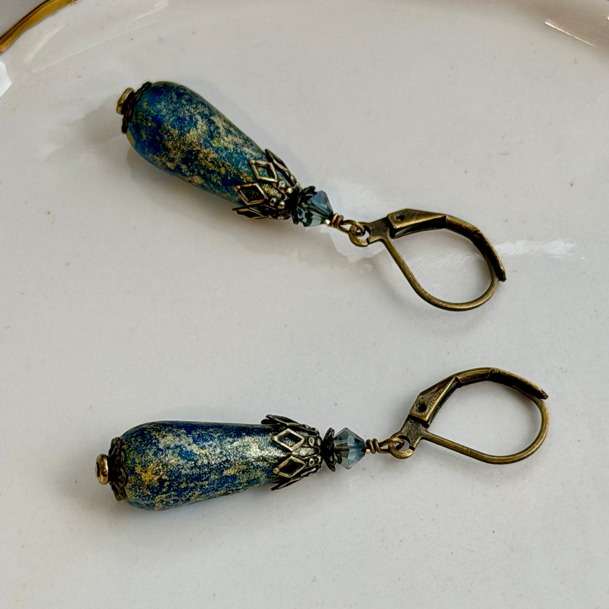 Czech Glass Blue and Gold Matte Dangle Drop Earrings in Antique Brass