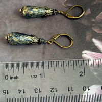 Czech Glass Blue and Gold Matte Dangle Drop Earrings in Antique Brass