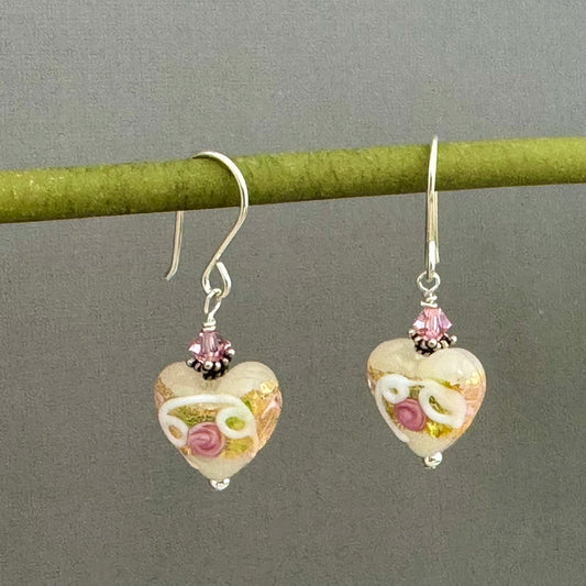 White Wedding Cake Heart Bead Earrings in Sterling Silver